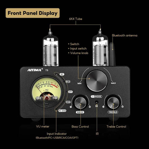 All In One 200W Bluetooth Tube Amplifier With Built In DAC And Preamp 2.0 2.1 Stereo Home Receiver For TV Computer Turntable And Phone Via USB Coax Optical RCA Warm Vacuum Tube Tone And Rich Sound front panel with VU meter and knobs
