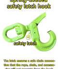 Spring-loaded safety latch hook designed for cargo, featuring a secure locking mechanism for safe lifting.