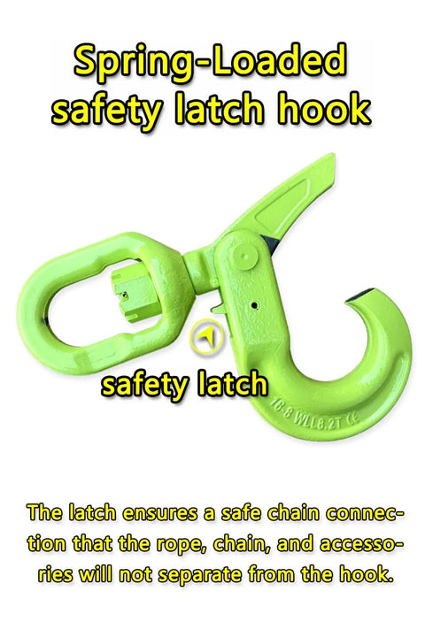 Spring-loaded safety latch hook designed for cargo, featuring a secure locking mechanism for safe lifting.