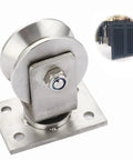 Heavy Duty V Groove Sliding Gate Rollers With Mounting Plate, 3 Inch 304 Stainless Steel Track Wheels, showing a close-up of the pulley.