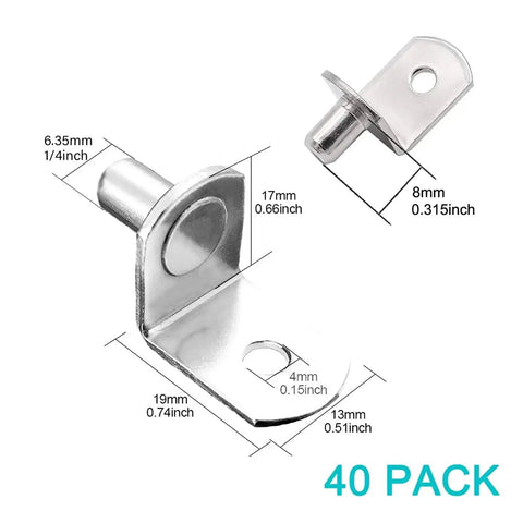 Heavy Duty L Shaped Shelf Pegs 40 Piece Set With Holes 1 4 Inch Diameter silver metal peg dimensions shown