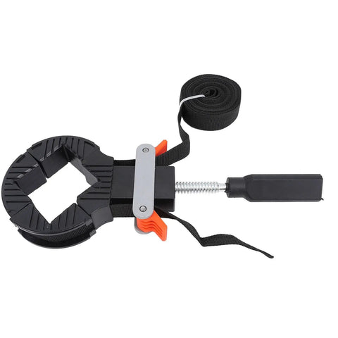 Heavy Duty Strap Clamp With Four Detachable Corners And Slick Quick Adjust Lever For Top Shelf Woodworking Picture Frames Cabinets Drawer Assembly 13Ft Nylon Webbing Tool on a flat surface.