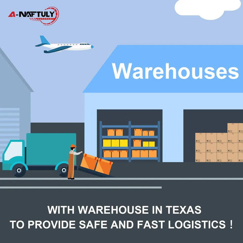 Illustration of warehouse with truck and airplane, depicting logistics with A-Natuly branding, emphasizing safe and fast service.