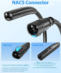 NACS connector connection visual showing male and female plugs for Heavy Duty Nacs Extension Cord For Tesla Models 50 Amp 40 Foot 240 Volt Level Two Electric Vehicle Charger Cable.