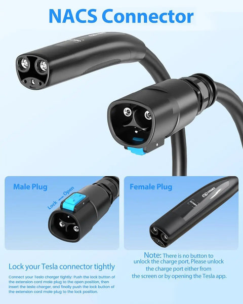 NACS connector connection visual showing male and female plugs for Heavy Duty Nacs Extension Cord For Tesla Models 50 Amp 40 Foot 240 Volt Level Two Electric Vehicle Charger Cable.
