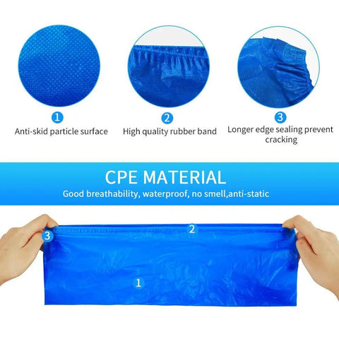 CPE material features of Disposable Shoe Covers 200 Pack (100 Pairs) Waterproof Non Slip Dust Proof Blue Booties For Indoor Use.