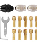 15-Piece Drill Chuck Collet Set For Dremel Rotary Tools 0.02in To 0.13in with brass collets, metal nut, and wrenches