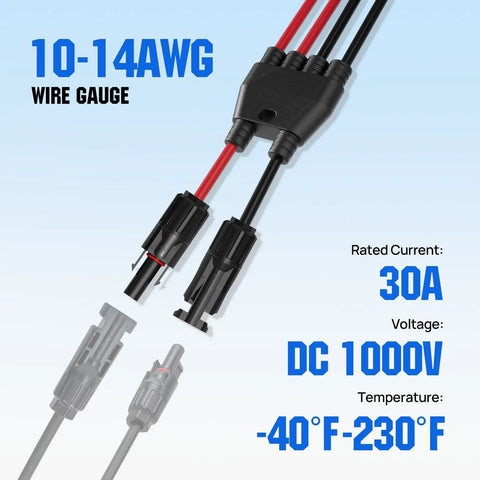 Integrated Solar Connector Kit With 2 To 4 Y Branch Parallel PV Adapter Cable rated 30A for outdoor solar panel use