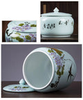 Big Capacity Chinese Ceramic Rice Jar With Airtight Lid Dispenser Keeps Your Favorite Grain Stash Fresh And Crisp For Easy Kitchen Pantry Organization Gorgeous Floral Pattern, showing floral design and open lid.