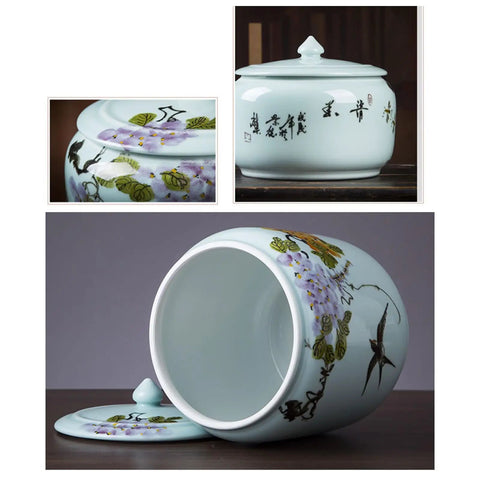 Big Capacity Chinese Ceramic Rice Jar With Airtight Lid Dispenser Keeps Your Favorite Grain Stash Fresh And Crisp For Easy Kitchen Pantry Organization Gorgeous Floral Pattern, showing floral design and open lid.