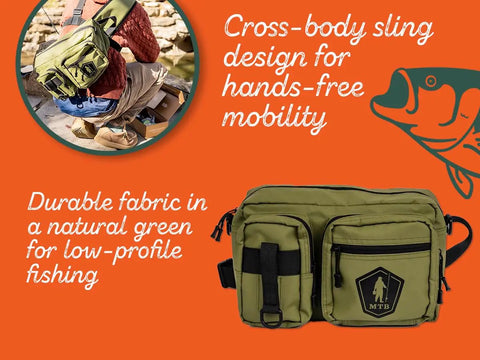 Mystery Tackle Box Pond Prowler Sling Fishing Lure Kit Green Sling Pack displayed with cross-body design and durable green fabric.