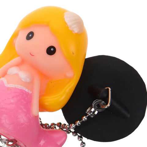 Mermaid Rubber Tub Stopper with Chain for Bathtub Drains showing colorful mermaid design and black rubber base.