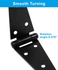 Close-up of black heavy-duty 6-inch tee style hinge with rotation angle, part of 4Pcs Strap Hinge Set For Doors And Gates.