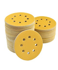 5 Inch 125mm 8 Hole Yellow Sanding Disc For Metal Woodworking Projects, High Grit Abrasive Paper Pad Set Of 10 Pieces stacked.