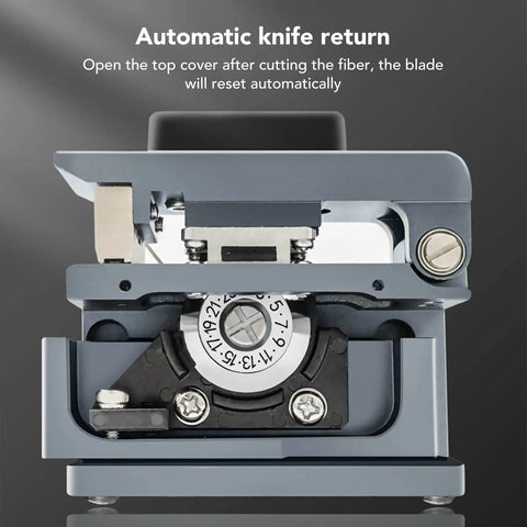 Pro High Precision Optical Fiber Cleaver With Tungsten Steel Blade And 3 In 1 Clamp showing automatic knife return mechanism.