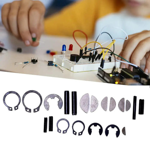 Child assembling electronics with 450 Piece Semicircle Key Spring Pins Clips E Clips Kit Set For DIY Projects Home Repair And Automotive Maintenance