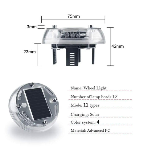 Diagram of Solar Car Wheel Hub Lights Led Tire Lights With Motion Sensor Four Pack Colorful Waterproof Rim Lamps for Cars.