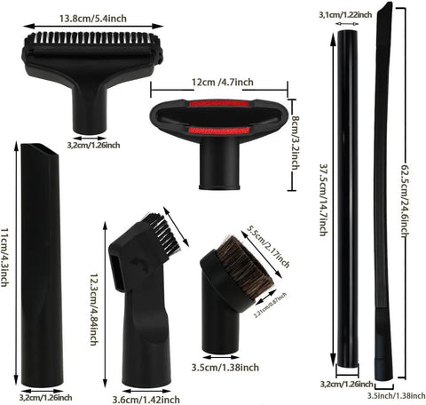 Universal Vacuum Attachments Kit with various nozzles, brushes, and crevice tools, includes adapters from 1 in to 1 7/8 in.