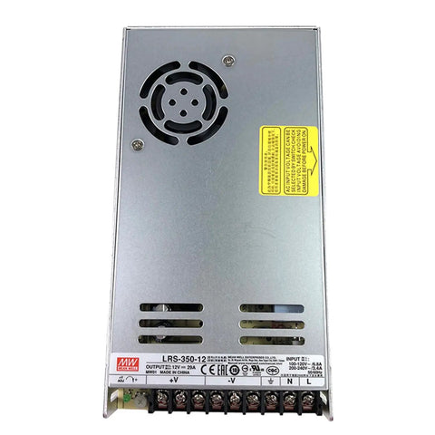 Workhorse 350W Single Output Switching Power Supply With Straight Up 12V 29A Delivery And Selectable Dual Voltage Input rear view showing internal fan and wiring connections.