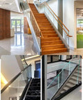 Tough As Nails Deck Railing Glass Spigot Clamp With Side Mount Bracket on modern staircase with glass railing and wooden steps.