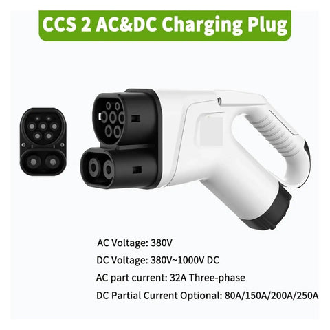 Heavy Duty Ccs2 Ev Charger Adapter Ac And Dc Combo, 32 Amp Ac And 250 Amp Dc close-up view showing plug design and specifications.