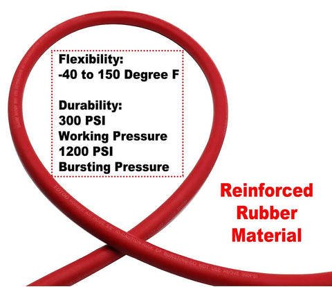 No BS Heavy Duty Rubber Air Hose 1/4 Inch By 25 Feet 300 Psi Air Compressor Line showing durability and flexibility features.