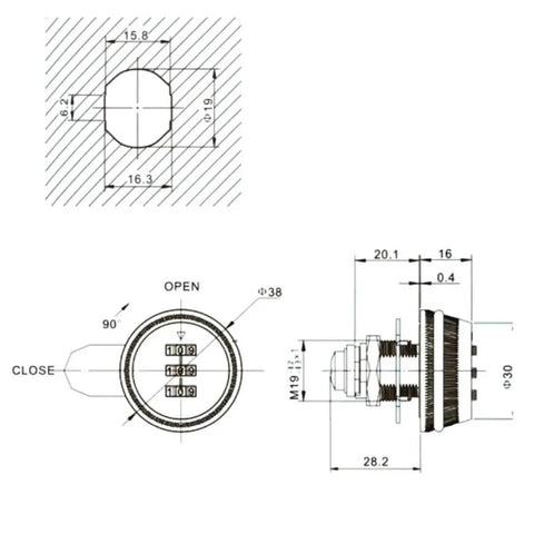 Technical diagram of 3 Digit Combination Mailbox Lock for Cabinets and Drawers, 7 to 8 Inch Rotary Tongue Cam, Black Steel Security Lock