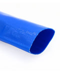 Close-up of the Beefy Heavy Duty 3 Inch By 100 Foot Pool Backwash Hose Lay Flat Blue PVC Water Discharge Tube showing reinforced polyester