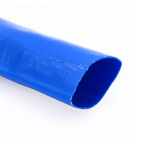 Close-up of the Beefy Heavy Duty 3 Inch By 100 Foot Pool Backwash Hose Lay Flat Blue PVC Water Discharge Tube showing reinforced polyester
