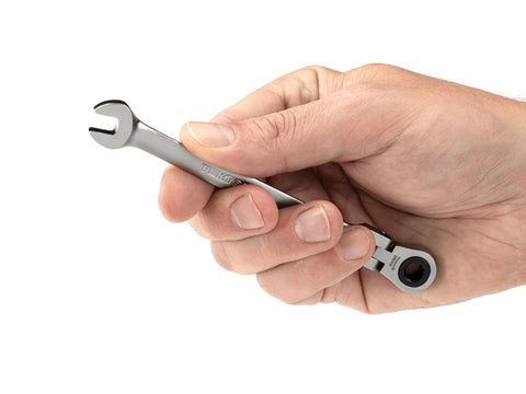 Hand holding 1/4 Inch Flex Head 12-Point Ratcheting Combination Wrench With 180 Degree Flex For Navigating Obstructions In Tight Spaces