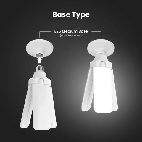 LED Garage Light with Multiple Adjustable Panels, E26 Base, 4,000 Lumens, 300W Equivalent, shown with medium base connection.