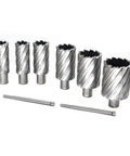 Six-piece annular cutter set with Weldon shanks; 3/4 in shank; diameters 1-2 in; includes two pilot pins.