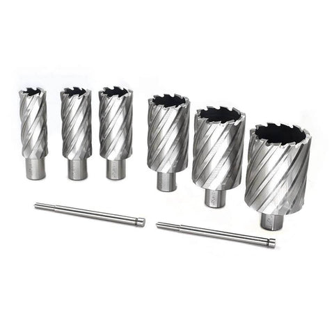 Six-piece annular cutter set with Weldon shanks; 3/4 in shank; diameters 1-2 in; includes two pilot pins.
