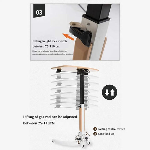 Mobile Height Adjustable Standing Desk With Sturdy Silent Rolling Casters And Flexible Tray Surface Perfect Over Bed Support For Bed Rest Or Kickback Home Office Lounge, height adjustment mechanism shown.