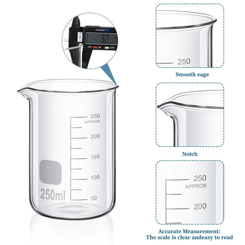 Complete Lab Glassware Starter Kit With 50 100 250 500 1000ml Beakers, 250ml beaker with measurements, smooth edge, and notch details
