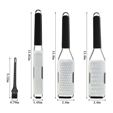 Three Piece Grater And Zester Set With Fine Coarse And Extra Coarse Holes Stainless Steel Dishwasher Safe Includes Protective Shells And Cleaning Brush
