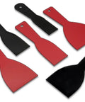 Six Piece Putty Knife Set With Flexible Scrapers For Spackling Patching And Painting tools in red and black plastic.
