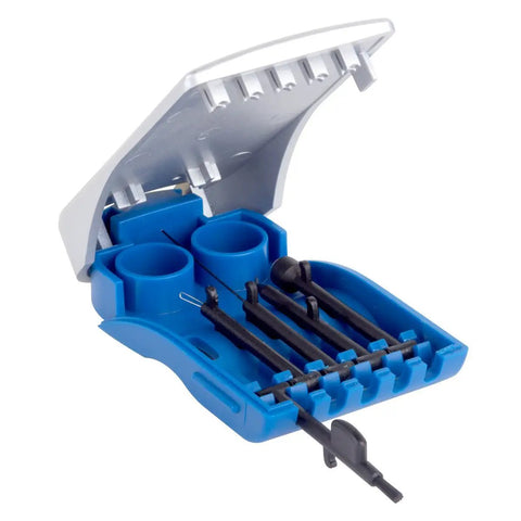 5 In 1 Hearing Aid Cleaning Kit For Home Or Travel No Fuss Easy Grip 5 Piece Tools Set In A Tiny BPA Free Case open displaying tools