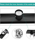24 Inch Sleek Black Linear Shower Drain With Removable Capsule Pattern Grate Rectangle Floor Drain In 304 Stainless Steel Adjustable Feet Hair Strainer Built To Last Matte Finish For Modern Bathrooms, pipe fitting detail