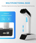 Wireless Hybrid RFID And 2D Barcode Scanner With UHF RFID Reader Bluetooth Scan for retail and hospitality with charging base.