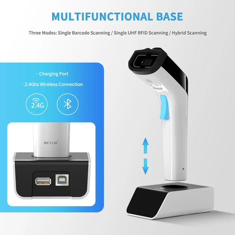 Wireless Hybrid RFID And 2D Barcode Scanner With UHF RFID Reader Bluetooth Scan for retail and hospitality with charging base.