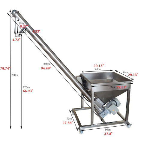 Automatic Screw Powder Feeding Machine Integrating Vibrating Hopper Inclined Conveyor 220V Heavy Duty Industrial Loader with measurements.