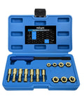 Open blue carrying case displaying Beefy 15 Piece Metric Thread Chaser Set Master Thread Repair Kit with taps, dies, and thread file.