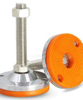 Badass Heavy Duty Furniture Leveling Feet Carbon Steel Adjustable Support Legs With Threaded Lifting Design For Uneven Ground Hella Stable No Fuss Quick Install Two Pack with orange rubber bases.