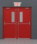 2 Pack Red LED Exit Signs With Emergency Lights, Battery Backup, above red double doors in commercial setting