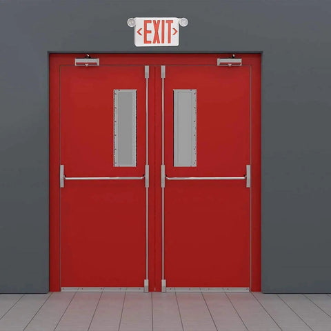 2 Pack Red LED Exit Signs With Emergency Lights, Battery Backup, above red double doors in commercial setting