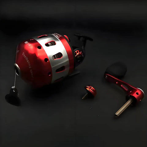 Bowfishing Spincast Reel For Slingshot Bow Left Or Right Handed, all-metal construction, shown disassembled on dark background.