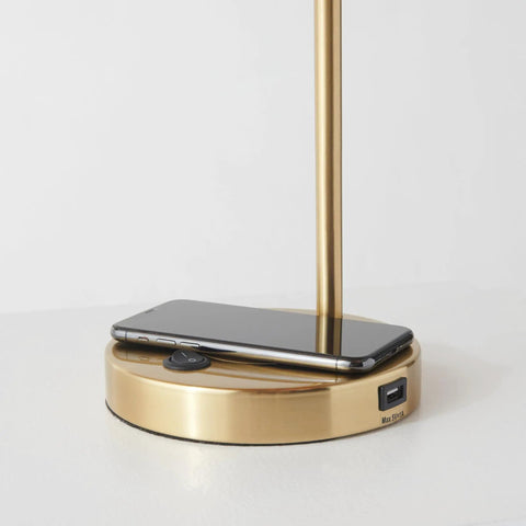 Close-up of Vintage Brass Nightstand Desk Lamp With Wireless Charging Pad And USB Port LED Bedside Reading Lamp base