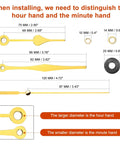 Diagram showing dimensions of gold clock hands and parts for Silent Quartz Clock Movement Replacement Kit with Gold Hands for Wall Clocks.