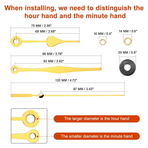 Diagram showing dimensions of gold clock hands and parts for Silent Quartz Clock Movement Replacement Kit with Gold Hands for Wall Clocks.